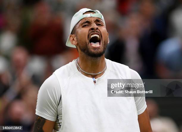 Nick Kyrgios of Australia celebrates winning against Stefanos Tsitsipas of Greece during their Men's Singles Third Round match on day six of The...