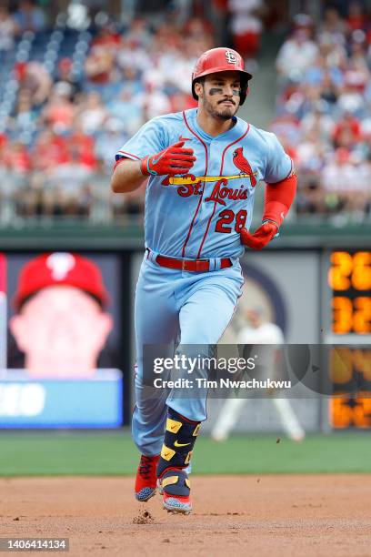 Nolan Arenado of the St. Louis Cardinals rounds bases after hitting a two run home run during the first inning against the Philadelphia Phillies at...