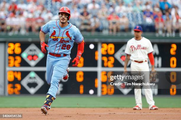 Nolan Arenado of the St. Louis Cardinals rounds bases after hitting a two run home run during the first inning against the Philadelphia Phillies at...
