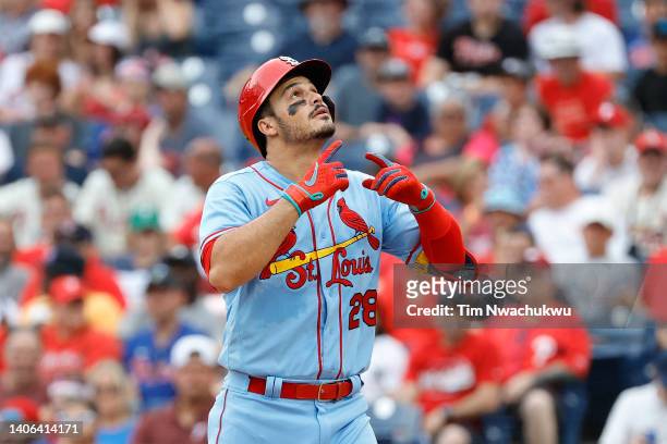 Nolan Arenado of the St. Louis Cardinals reacts after hitting a two run home run during the first inning against the Philadelphia Phillies at...
