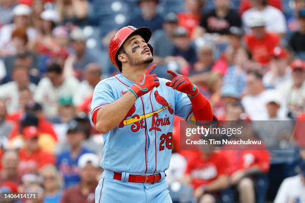 Nolan Arenado of the St. Louis Cardinals reacts after hitting a two run home run during the first inning against the Philadelphia Phillies at...