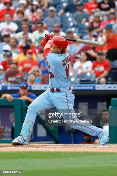 Nolan Gorman of the St. Louis Cardinals hits a solo home run during the first inning against the Philadelphia Phillies at Citizens Bank Park on July...