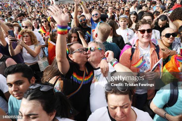 General view of the crowds at Pride in London 2022: The 50th Anniversary at Trafalgar Square on July 02, 2022 in London, England.