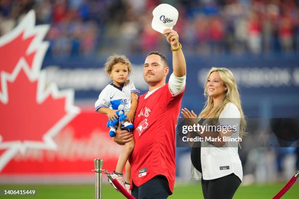 Former catcher and and Canadian baseball player Russell Martin is honoured on the field for his retirement on Canada Day before the Tampa Bay Rays...