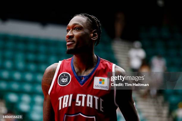 Larry Sanders of the Tri-State looks on during the game against the Killer 3's in BIG3 Week Three at Comerica Center on July 02, 2022 in Frisco,...