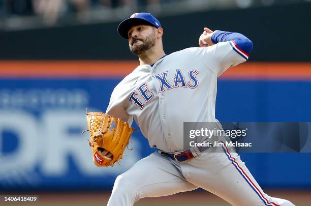 Martin Perez of the Texas Rangers pitches during the third inning against the New York Mets at Citi Field on July 02, 2022 in the Queens borough of...