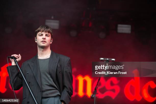 Grian Chatten of Fontaines D.C. Performs live at the Iveagh Gardens on July 02, 2022 in Dublin, Ireland.