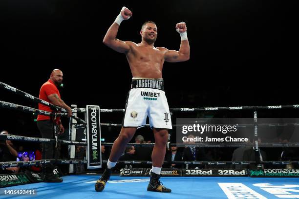 Joe Joyce celebrates after defeating Christian Hammer during the WBC Silver Silver and WBO International Heavyweight Title fight between Joe Joyce...