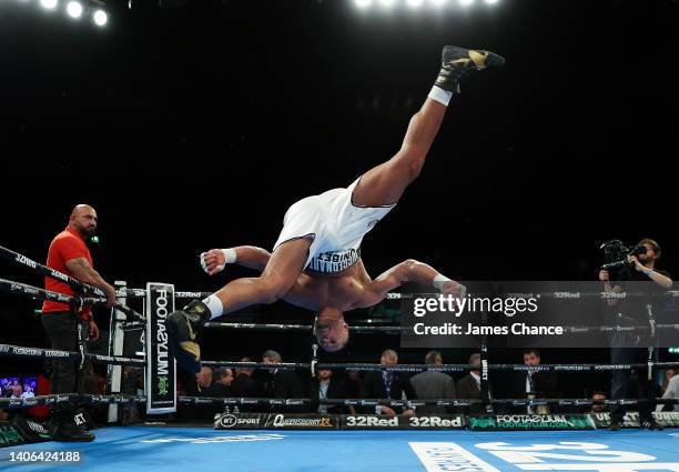 Joe Joyce celebrates after defeating Christian Hammer during the WBC Silver Silver and WBO International Heavyweight Title fight between Joe Joyce...