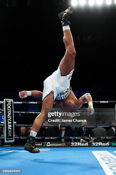 Joe Joyce celebrates after defeating Christian Hammer during the WBC Silver Silver and WBO International Heavyweight Title fight between Joe Joyce...