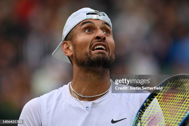 Nick Kyrgios of Australia speaks with the umpire against Stefanos Tsitsipas of Greece during their Men's Singles Third Round match against Stefanos...