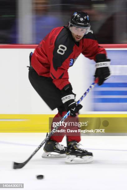 Aaron Palushaj of Team Carbonneau carries the puck during 3ICE Week Three at Van Andel Arena on July 02, 2022 in Grand Rapids, Michigan.