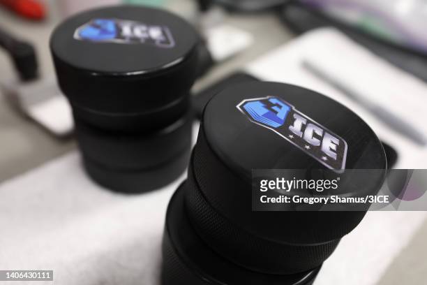 Pucks sit on a table prior to the start of 3ICE Week Three at Van Andel Arena on July 02, 2022 in Grand Rapids, Michigan.