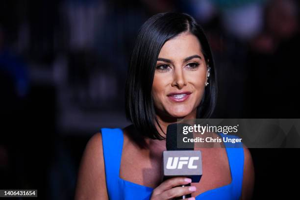 Megan Olivi anchors the broadcast during the UFC 276 event at T-Mobile Arena on July 02, 2022 in Las Vegas, Nevada.