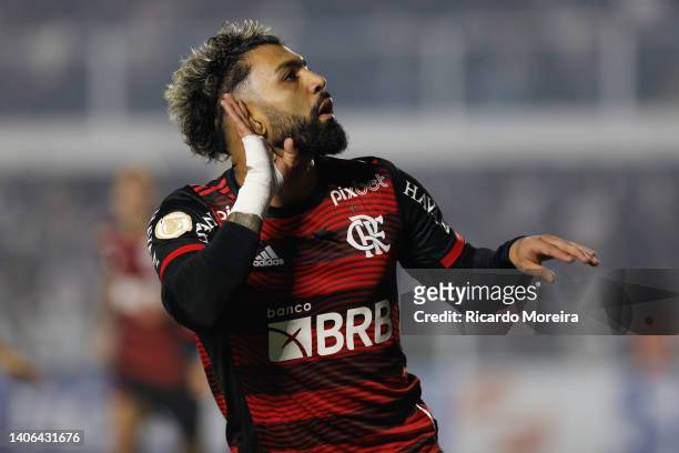 Gabriel Barbosa of Flamengo celebrate after scoring the second goal of his team during the match between Santos and Flamengo as part of Brasileirao...