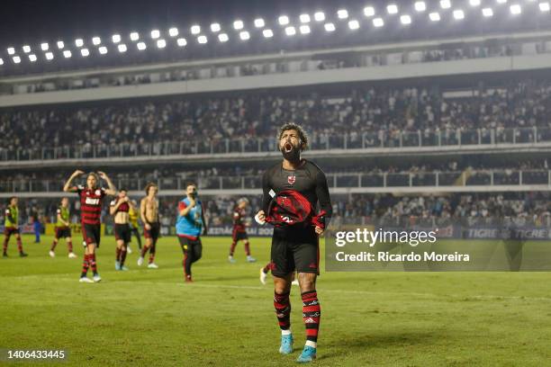 Gabriel Barbosa of Flamengo celebrate the victory of his team after the match between Santos and Flamengo as part of Brasileirao Series A 2022 at...