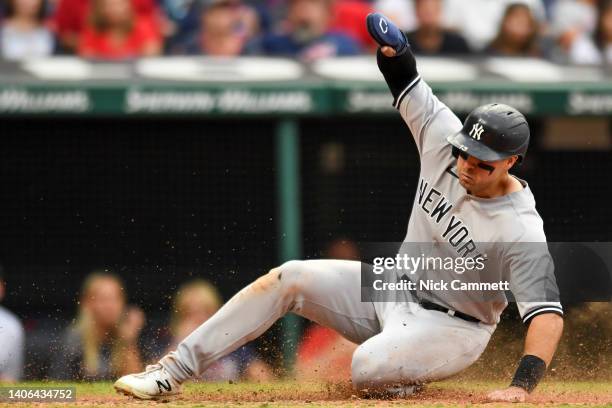 Joey Gallo of the New York Yankees scores on a sacrifice fly hit by Kyle Higashioka during the seventh inning in game two of a doubleheader against...