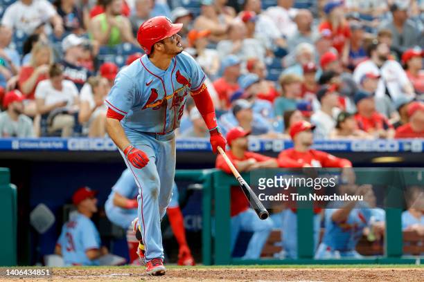 Nolan Arenado of the St. Louis Cardinals rounds bases after hitting a solo home run during the ninth inning against the Philadelphia Phillies at...