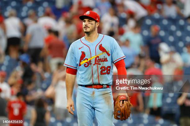Nolan Arenado of the St. Louis Cardinals looks on after defeating the Philadelphia Phillies at Citizens Bank Park on July 02, 2022 in Philadelphia,...