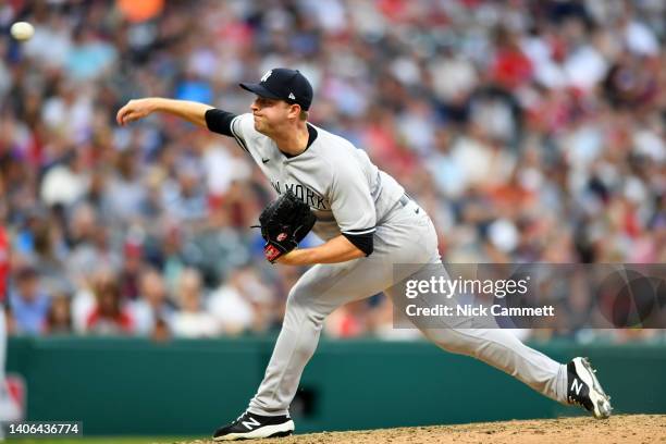 Michael King of the New York Yankees pitches during the seventh inning in game two of a doubleheader against the Cleveland Guardians at Progressive...