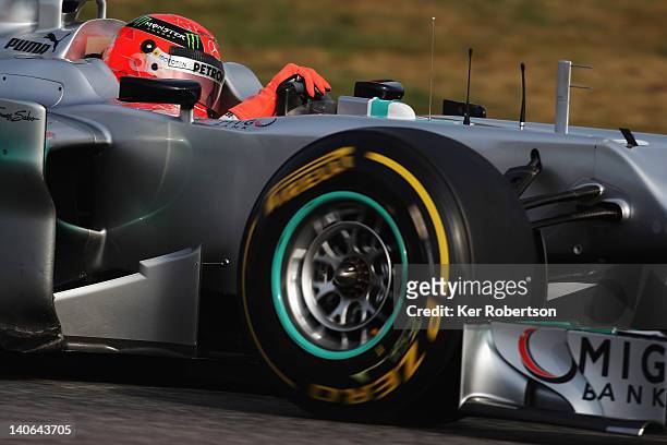 Michael Schumacher of Germany and Mercedes GP drives during day four of Formula One winter testing at the Circuit de Catalunya on March 4, 2012 in...