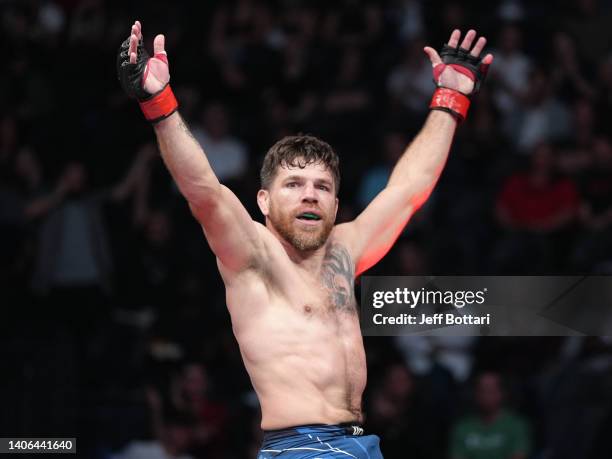 Jim Miller reacts to his win over Donald Cerrone in a welterweight fight during the UFC 276 event at T-Mobile Arena on July 02, 2022 in Las Vegas,...