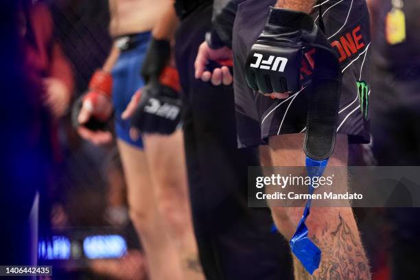 Detail of the gloves of Donald Cerrone as he announces his retirement after his welterweight bout against Jim Miller during UFC 276 at T-Mobile Arena...