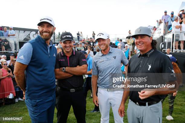 Team Captain Dustin Johnson, Patrick Reed, Talor Gooch and Pat Perez of 4 Aces GC smile on the 18th green after winning the team competition during...
