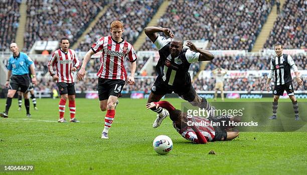Shola Ameobi of Newcastle is brought down by Fraizer Campbell of Sunderland leading to a penalty during the Barclays Premier League match between...