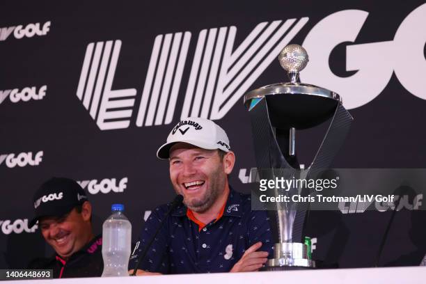 Branden Grace of Stinger GC speaks to the media during a press conference after winning the individual award during day three of the LIV Golf...
