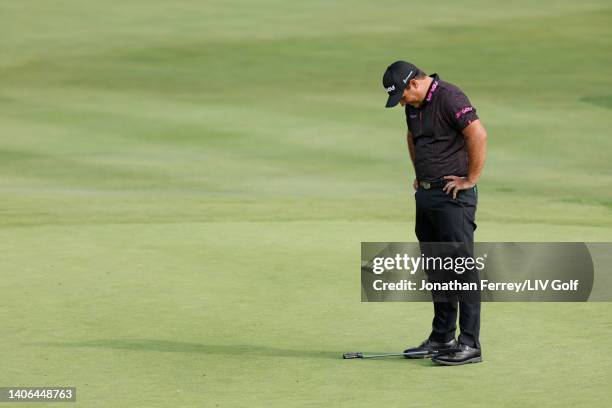 Patrick Reed of 4 Aces GC reacts on the first green during day three of the LIV Golf Invitational - Portland at Pumpkin Ridge Golf Club on July 02,...