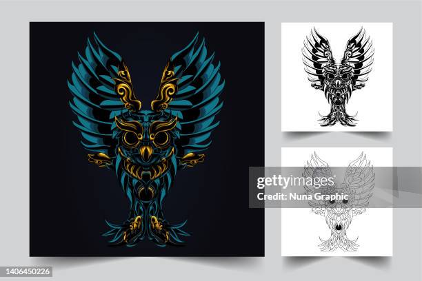 dark owl ornament logo - owl face stock illustrations