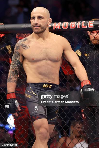 Alexander Volkanovski of Australia reacts before his featherweight title bout against Max Holloway during UFC 276 at T-Mobile Arena on July 02, 2022...