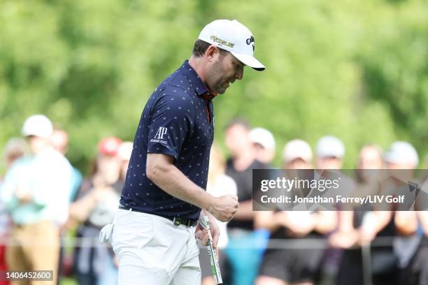 Branden Grace of Stinger GC reacts during day three of the LIV Golf Invitational - Portland at Pumpkin Ridge Golf Club on July 02, 2022 in North...