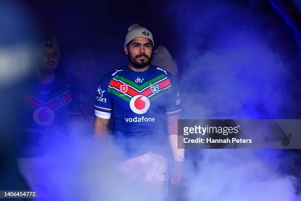 Tohu Harris of the Warriors leads the team out during the round 16 NRL match between the New Zealand Warriors and the Wests Tigers at Mt Smart...