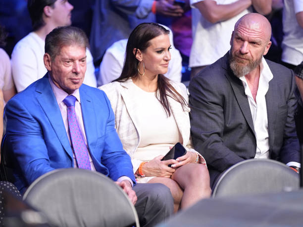 Vince McMahon, Stephanie McMahon and Triple H attend the UFC 276 event at T-Mobile Arena on July 02, 2022 in Las Vegas, Nevada.