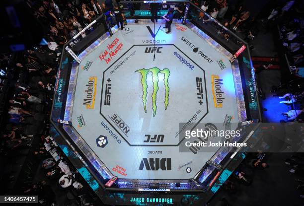 An overhead view of the Octagon as Israel Adesanya of Nigeria prepares to fight Jared Cannonier in the UFC middleweight championship fight during the...