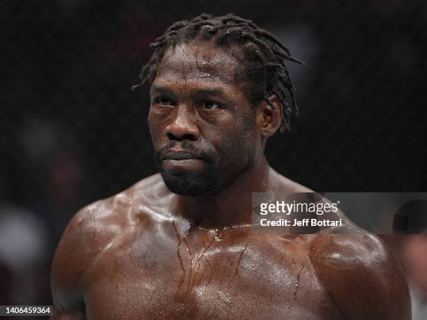 Jared Cannonier waits for the start of the round in the UFC middleweight championship fight during the UFC 276 event at T-Mobile Arena on July 02,...