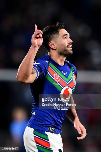 Shaun Johnson of the Warriors celebrates a conversion during the round 16 NRL match between the New Zealand Warriors and the Wests Tigers at Mt Smart...