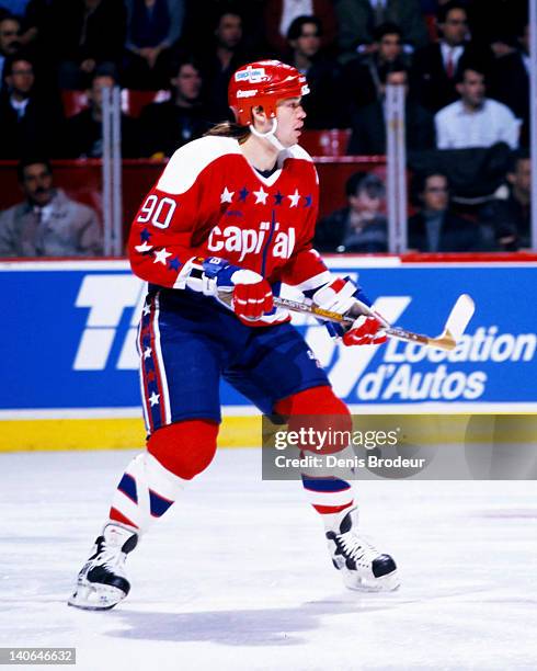 Joe Juneau of the Washington Capitals skates against the Montreal Canadiens Circa 1990 at the Montreal Forum in Montreal, Quebec, Canada.