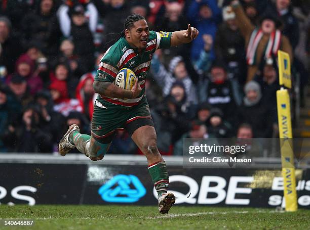 Alesana Tuilagi of Leicester Tigers celebrates as he scores a try during the Aviva Premiership match between Leicester Tigers and Gloucester at...