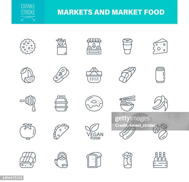 ilustrações, clipart, desenhos animados e ícones de mercados e ícones de alimentos de mercado stroke editável. contém ícones como supermercado, frutas, banana, mercado de agricultores - laticínio