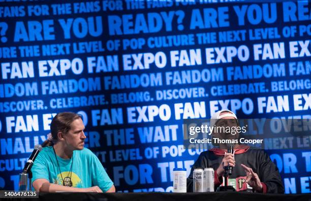 Jason Mewes and Kevin Smith of "Clerks" talk to fans during a panel at the Fan Expo Denver 2022 at Colorado Convention Center on July 02, 2022 in...