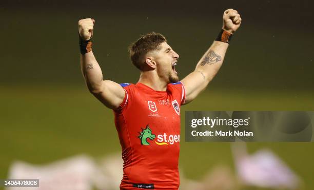 Zac Lomax of the Dragons celebrates winning the round 16 NRL match between the St George Illawarra Dragons and the Canberra Raiders at WIN Stadium,...