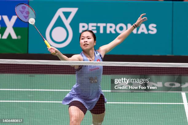 Ratchanok Intanon of Thailand in action against Chen Yu Fei of China in their women's singles final on day six of the Petronas Malaysia Open at...