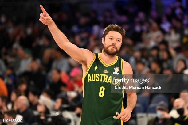 Matthew Dellavedova of Australia warms up ahead of the FIBA World Cup Asian Qualifier match between China and the Australia Boomers at John Cain...