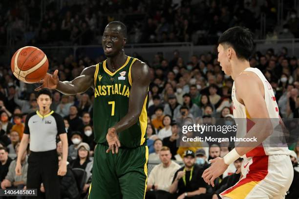 Thon Maker of Australia passes the ball during the FIBA World Cup Asian Qualifier match between China and the Australia Boomers at John Cain Arena on...