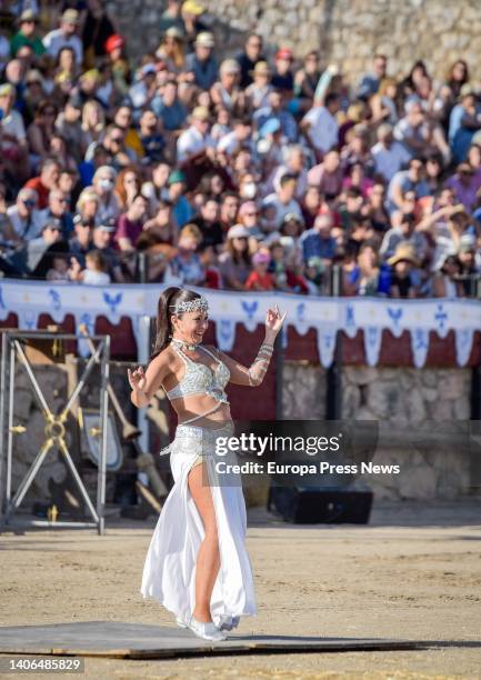 Dancer performs belly dancing during the Medieval Festival of Hita, on 02 July, 2022 in Hita, Guadalajara, Castilla-La Mancha, Spain. The theater,...