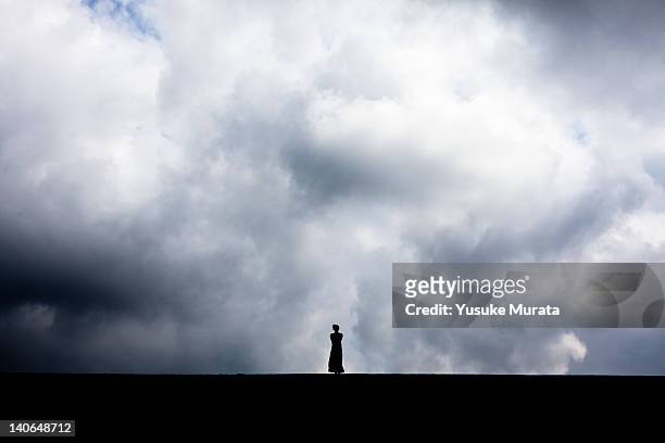 woman standing in field - cielo variabile foto e immagini stock