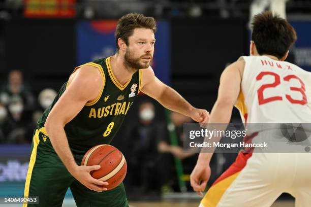 Matthew Dellavedova of Australia moves the ball during the FIBA World Cup Asian Qualifier match between China and the Australia Boomers at John Cain...